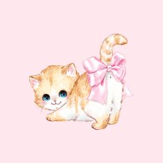 an orange and white kitten with a pink bow on it's back laying down