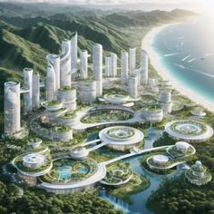 an artist's rendering of a futuristic city surrounded by green hills and ocean waters