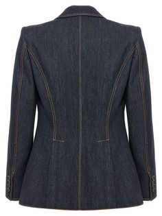 100% Cotton Elegant Denim Blazer For Work, Tailored Denim Outerwear For Work, Fitted Denim Blue Outerwear For Work, Fitted Denim Blue Denim Jacket For Work, Fitted Denim Blue Jacket For Work, Tailored Elegant Denim Outerwear, Fitted Denim Blazer For Business Casual, Fitted Denim Outerwear For Business Casual, Elegant Fitted Denim Jacket For Work