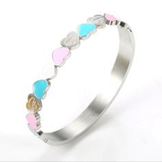 Silver Heart Bracelet. Stainless Steel, Non Tarnishing Can Be Worn Every Day. Blue Heart-shaped Bracelets For Valentine's Day, Blue Heart-shaped Bracelet For Valentine's Day, Cute Love Heart, Charm Bangles, Bracelet Size Chart, Silver Heart Bracelet, Bangle Bracelets With Charms, Unisex Bracelets, Pink Enamel