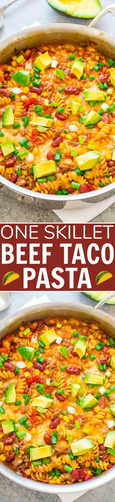 one skillet beef taco casserole is shown in three different pans