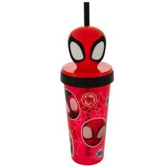 a red cup with spiderman's eyes on it