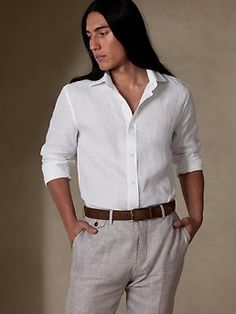 This beautiful dress shirt is made from luxurious linen for a naturally breathable texture that stays cool and crisp season after season.  Spread collar with button-front closure.  Shirttail hem.  #557666 Standard fit.  Long sleeves.  Hip length.  Bo Menswear Details, White Linen Dress, Simply Fashion, Business Outfits Women, Linen Shirt Dress, Dressed To The Nines, Men Shirts, Quiet Luxury, Dress For Success