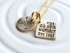 Not All Who Wander Are Lost Compass Necklace by larkandjuniper Spiritual Gold Hand Stamped Jewelry, Inspirational Handmade Gold Necklaces, Gold Hand Stamped Spiritual Jewelry, Gold Spiritual Hand Stamped Jewelry, Hand Stamped Gold Copper Jewelry, Personalized Gold Copper Necklace, Hand Stamped Copper Gold Jewelry, Gold Brass Jewelry With Compass Design, Gold Stamped Spiritual Jewelry