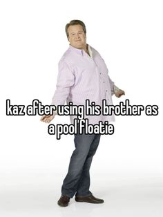 a man standing in front of a white background with the words kaz after using his brother