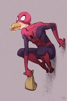 a drawing of a spider - man with a sandwich in his mouth and holding a bag