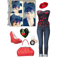 "Rockabilly cherry red" by bittersweetrevenge420 on Polyvore Stile Pin Up, Mode Rockabilly, Moda Pinup, Fabulous 50s, Retro Outfit, Goth Outfit