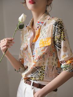 Long Sleeves Loose Buttoned Pockets Printed Lapel Blouses & Shirts Tops YELLOW-2XL Print Shirts Women, Chiffon Fashion, Leisure Fashion, Spring Shirts, Fashion Seasons, Collar Blouse, Floral Shirt, Shoulder Sleeve, Shirt Sleeves