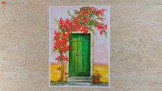 a painting of a green door with red flowers on the outside and in between it is a potted plant