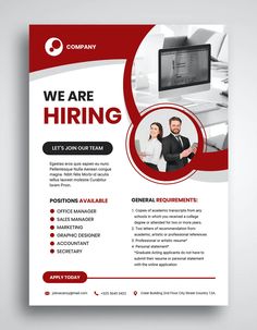 a red and white business flyer template with an image of two people in front of a computer