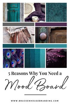 the words 5 reasons why you need a mood board in black and white with peacock feathers