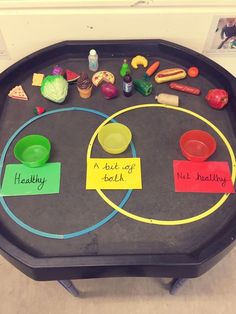 a child's play table with toys and writing on it