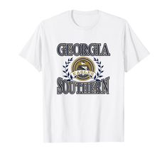 a white t - shirt with the words,'georgia southern'in blue and gold