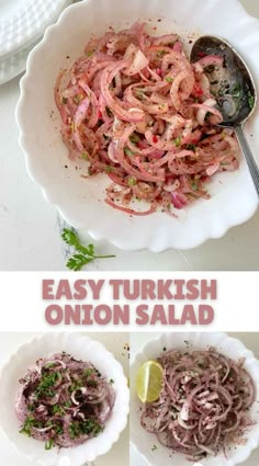 two bowls filled with onion salad on top of a table