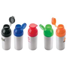 four different colored cups with lids and spoons