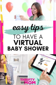 baby shower with balloons and text overlay that says easy tips to have a virtual baby shower