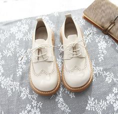 Retro Lace-Up Thick-Sole Shoes - Сottagecore clothes White Lace-up Closed Toe Shoes For Spring, White Lace-up Shoes For Spring, White Round Toe Lace-up Shoes For Spring, White Pointed Toe Lace-up Shoes For Spring, White Lace-up Shoes With Round Toe For Spring, Summer Slip-on Oxfords With Brogue Detailing, Summer Lace-up Leather Oxfords, Spring Oxfords With Laces And Round Toe, White Round Toe Oxfords For Spring