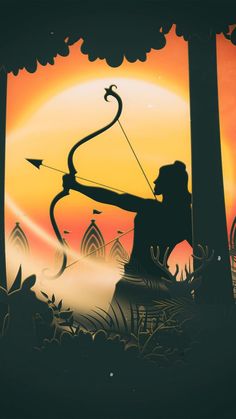 the silhouette of a man holding a bow and arrow in front of an orange sunset