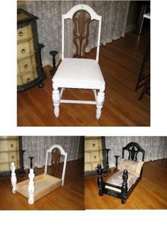 four different pictures of an old fashioned chair and bed in various stages of being painted