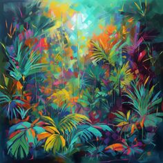 an abstract painting of tropical plants and trees