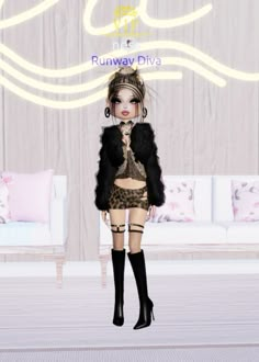 a doll is standing in front of a white couch and chair with the words runway diva written on it