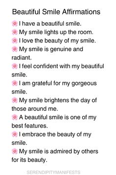 a poem with the words beautiful smile affirmations written in pink and black on it