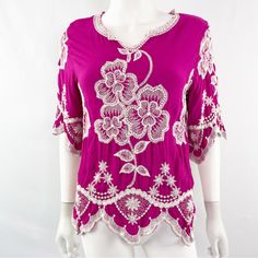 Gorgeous Solitaire Fuchsia Pink Boho Style Blouse Top With White Floral Embroidery All Over. Size S. 100% Rayon. New With Tags. Total Length From Top Of Shoulder: 26" Chest Armpit To Armpit: 18" Smoke Free Home!