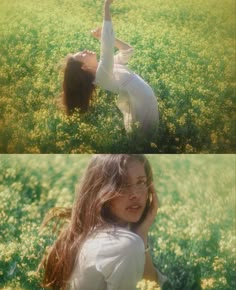 two pictures of a woman in a field with her hands up to her head and the other side of her face