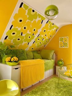 a bedroom with yellow and green decor in the corner, on top of a carpeted floor