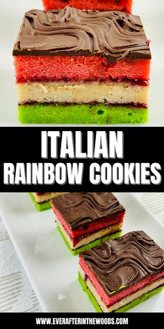 italian rainbow cookies with chocolate frosting and sprinkles on top are shown