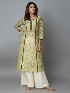 Green Ivory Cotton Chanderi Panelled Yoke Kurta Kurti Patterns