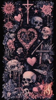 a painting with skulls, flowers and other items on it's surface in the dark