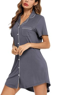 PRICES MAY VARY. Material —— Short Sleeve Button Nightgown is made of 95% Viscose and 5% Spandex, the fabric is ultra soft, breathable, skin-friendly and high elastic, comfortable short nightshirt for women. Boyfriend Style Sleepwear —— Long / Short sleeves, notch collar, v neck, button front, contrast piping, mid-thigh length, curved high-low hem add more fashion sense.postpartum essentials/Breastfeeding shirts for women/Nursing Pajamas Above the Knee length sleepdress is cool. Button up nights Breastfeeding Shirts, Boyfriend Sleeping, Postpartum Essentials, Nursing Gown, Breastfeeding Shirt, Nursing Pajamas, Nightgowns For Women, Contrast Piping, Boyfriend Style