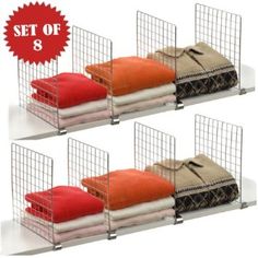 three sets of metal storage baskets with red and orange blankets on them, each holding four different colored pillows