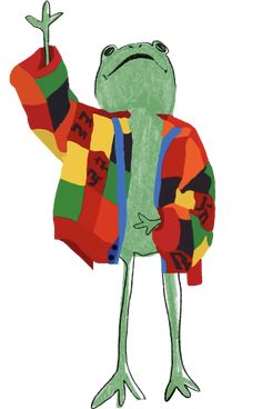 a drawing of a frog wearing a colorful sweater and holding his hand up in the air