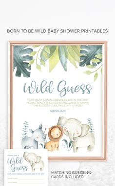 a baby shower sign with an elephant, giraffe and zebra in the background