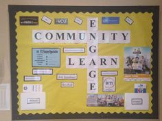 a bulletin board with words and pictures on it that read community learning center, volu