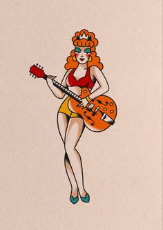 a drawing of a woman with an orange guitar in her hand and wearing yellow shorts