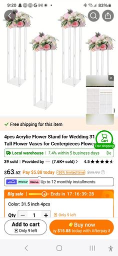 the flower stand for wedding flowers is on sale