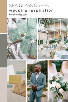 a collage of wedding photos with text that reads sea glass green wedding inspiration