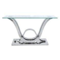 a glass table with metal legs and a curved design on the top, against a white background