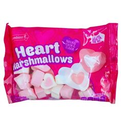 heart marshmallows in pink packaging on white background