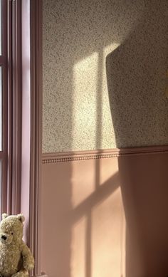 a teddy bear sitting in front of a window with the sun shining down on it