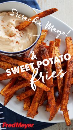 sweet potato fries on a plate with dipping sauce