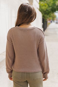 Stay stylish and cozy this autumn with our Everyday Fall Pullover Sweater! Made with 100% cotton, it features a comfortable round neckline, exposed seam detail, and ribbed neckline and hem. Perfect for everyday wear, this sweater is a must-have for the fall season. Style with jeans, ankle booties, a wide brim hat, and matching accessories for an elevated chic outfit! Casual Brown Sweater With Ribbed Neckline, Brown Sweater With Ribbed Crew Neck, Brown Crew Neck Sweater With Ribbed Neckline, Brown Cotton Ribbed Sweater, Fall Cropped Cotton Sweater With Ribbed Neckline, Brown Soft Knit Crew Neck Sweater, Fall Cotton Cropped Sweater With Ribbed Neckline, Brown Cropped Crew Neck Sweater For Fall, Brown Cotton Crew Neck Cardigan