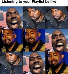 multiple pictures of a man making faces with his mouth open and tongue hanging out to the side