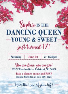 an advertisement for the dancing queen young and sweet just turned 17, featuring pink flowers