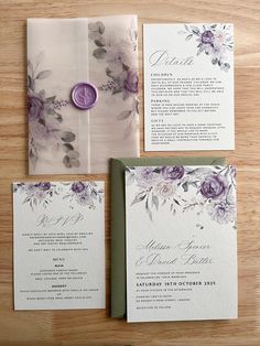 wedding stationery with purple flowers and wax stamp on the front, back and inside