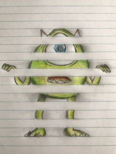 a drawing of a green creature with two eyes