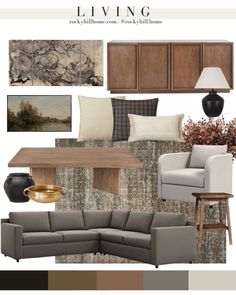 a living room with furniture and decor in shades of gray, brown, beige and white